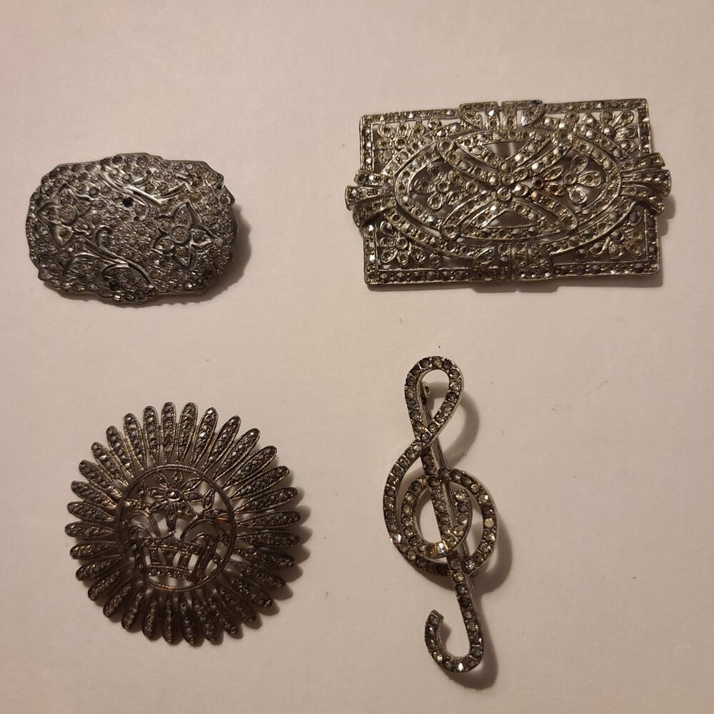 4 Vintage Silver Tone And Rhinestone Pins
